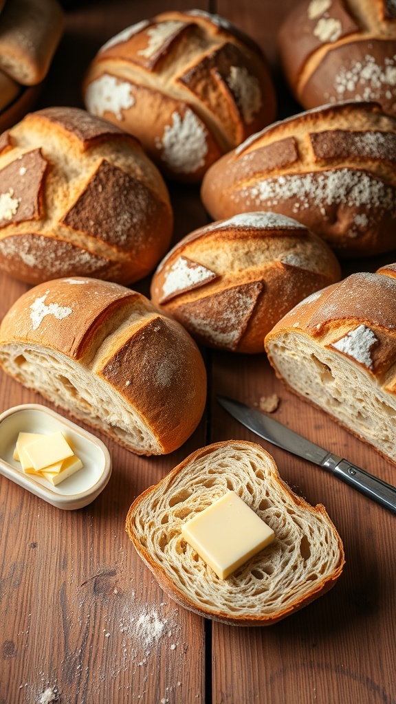Inspirational Quotes About Bread Freshly baked loaves of bread on a wooden table with butter, creating a warm and inviting kitchen atmosphere.
